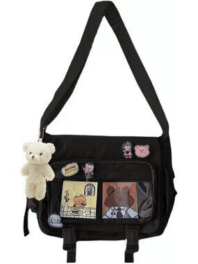 Kawaii Crossbody Ita Bag for Women with Pin & Plush Bear - Japanese Messenger Ba